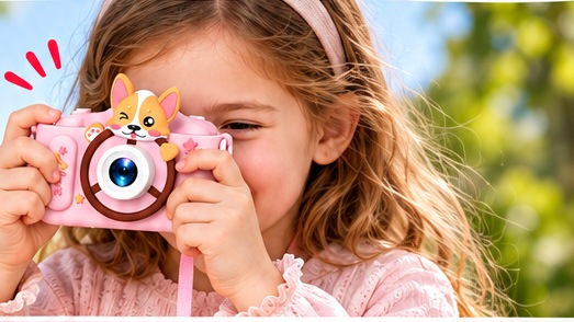 Child exploring photography with a pink camera